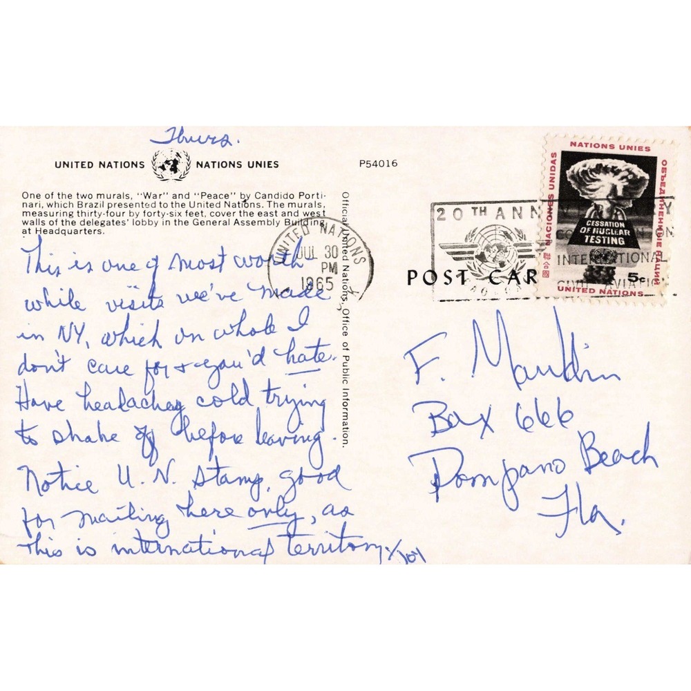 Vintage 1965 United Nations War and Peace Mural Postcard Candido Portinari NYC - Picture 2 of 2